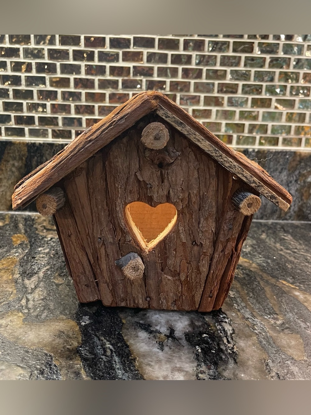 Rustic Heart Cutout Bark Birdhouse Planter/Utensil Holder/Decor